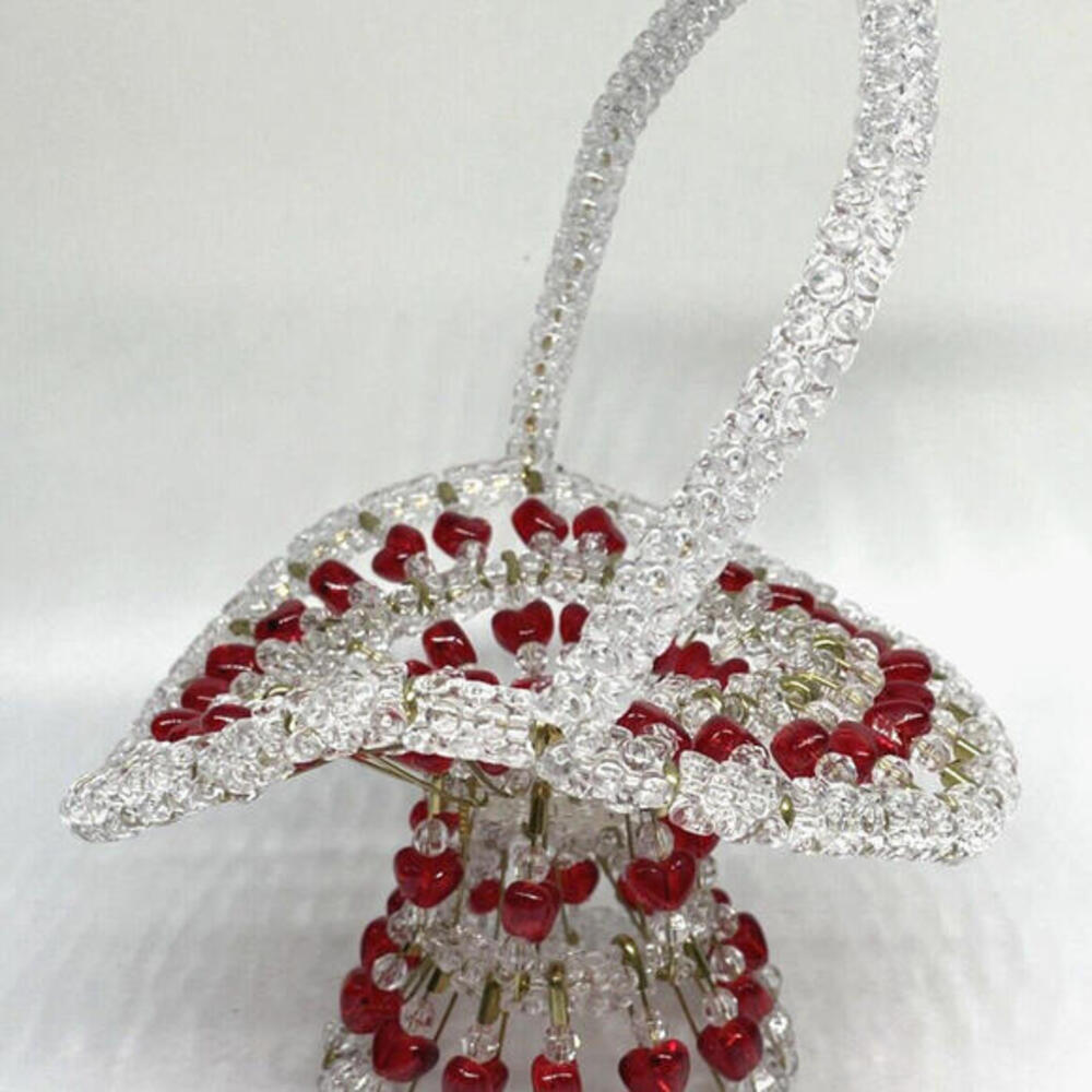 Beaded Safety Pin Handmade Flower Basket Valentines Day Red‎ Hearts 9" Vintage